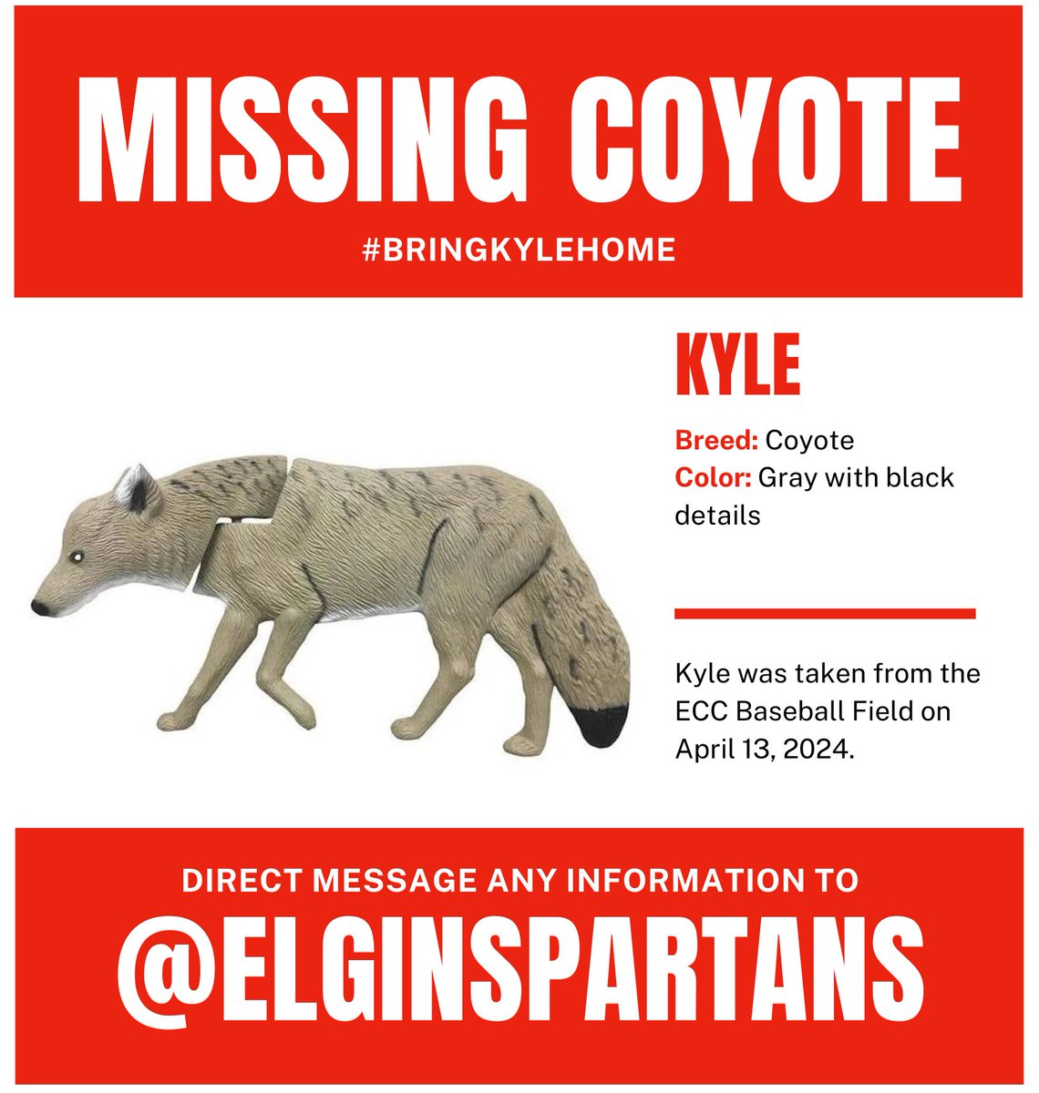Our beloved coyote decoy, Kyle, was stolen over the weekend. He has protected the baseball field from geese for years. Our hearts are broken as he truly is a member of the @ElgCCBaseball1 family. If you know anything about his whereabouts, please DM us. #BringKyleHome 💙