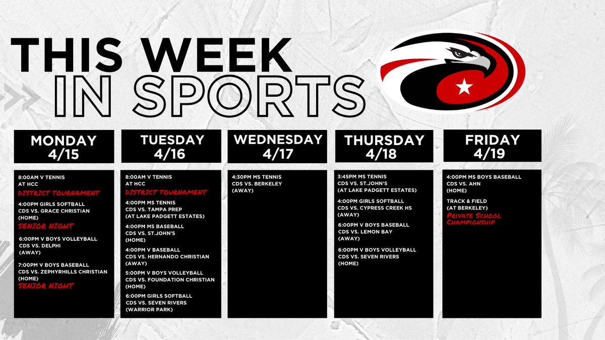 This week in #CDSAthletics 🏐⚾️🥎🎾🏃 Support your #CDSPatriots this week! 🦅 @baseball_cds