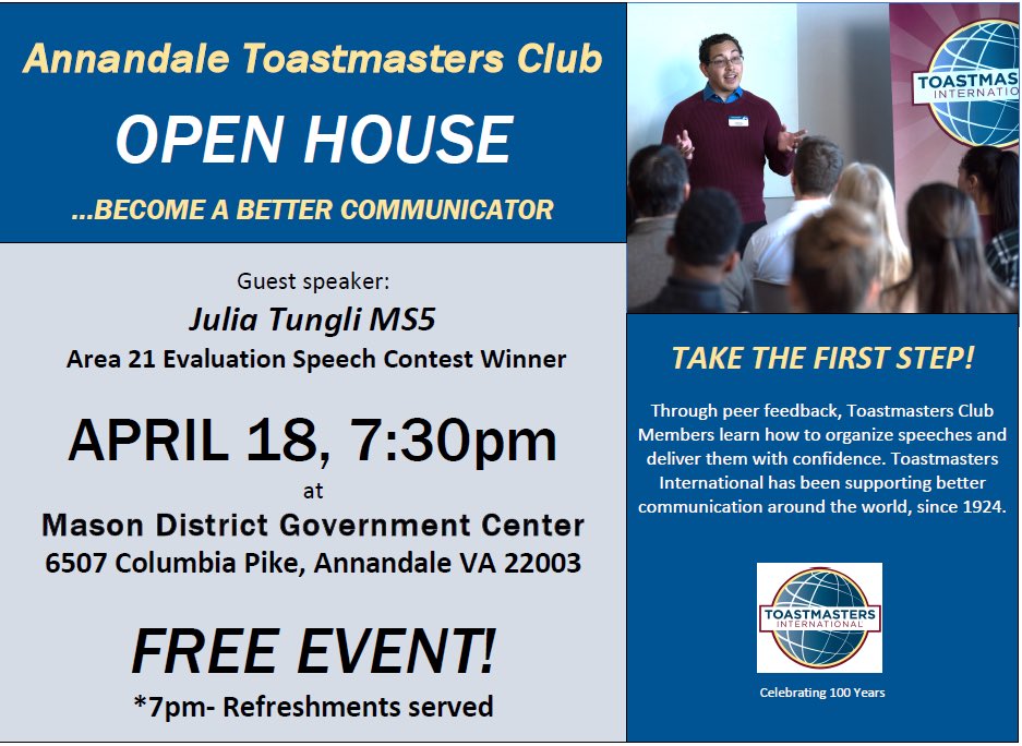 <a href="/gmutoastmasters/">GMU Toastmasters</a> very own Julia Tungli will be a guest speaker at Annandale Toastmasters Club's Open House on April 17th at 7:30 p.m. (EST).
This event will occur at the Mason District Government Center, and refreshments will be served!
