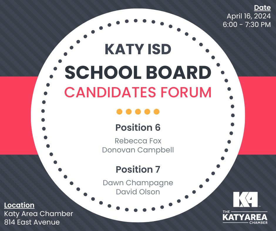 Be an informed voter! 🗳️ 
Hear from the candidates running for the Katy ISD School Board at the Katy ISD School Board Candidates Forum tomorrow, April 16. The event will be held in person as well as streamed live on Facebook.  
RSVP here: loom.ly/AEjlZWc