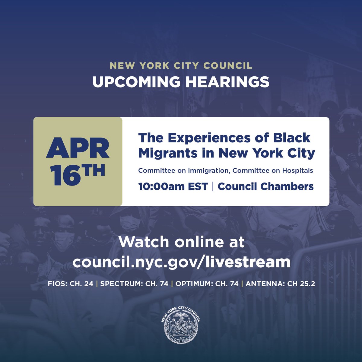 Tomorrow at 10:00am: The Committee on Immigration and the Committee on Hospitals will hold a joint oversight hearing on the experiences of Black migrants in New York City. 📺 Watch live: council.nyc.gov/livestream
