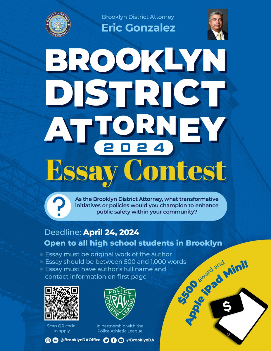 If you are or you have a high school student in a Brooklyn school, this is for you. Check out the QR code and apply.

#brooklyn #essaycontest #highschool