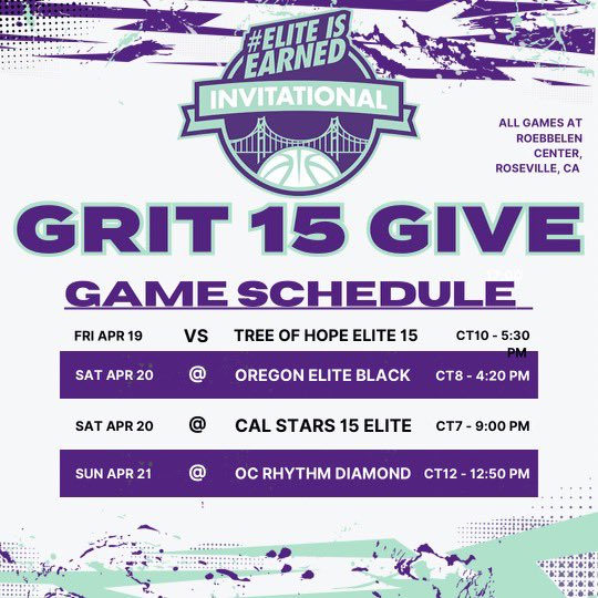‼️15U GIVE SCHEDULE‼️ Headed to Roseville this week for the @ELITEisEARNED Invitational 👀 All games at the Roebbelen Center! #GRIT