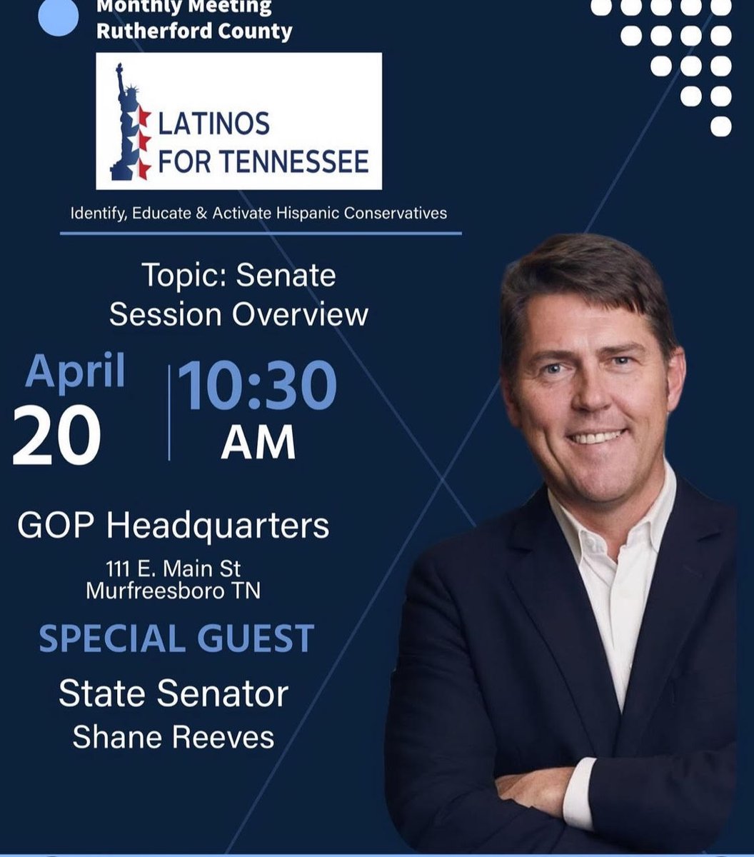 Honored to be the special guest at the Latinos for Tennessee monthly meeting in Rutherford County! I hope to see you on April 20th at 10:30 a.m.