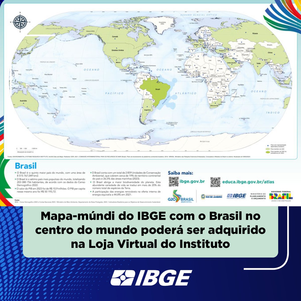 A partir de amanhã (16/04), o mapa-múndi produzido pelo #IBGE que tem o Brasil no centro do mundo estará disponível para venda no formato A3 (42,0 x 29,7cm), pelo valor de R$ 10, acrescido do custo do frete. + agenciadenoticias.ibge.gov.br/agencia-notici…