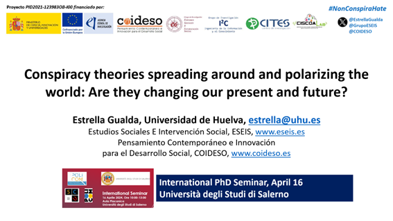 EstrellaGualda's tweet photo. 👉HAPPY to share with @UniSalerno PhD students our research on #ConspiracyTheories #polarization #NonConspiraHate #COVID19 #Networks #Micronarratives #HateSpeech
@MangoneEmiliana @UCC_UHU @UnivHuelva @GrupoESEIS @AAS_Sociologia @FES_Sociologia @coideso @uhutso @desinfoAND https://t.co/vzfcZcPNiv