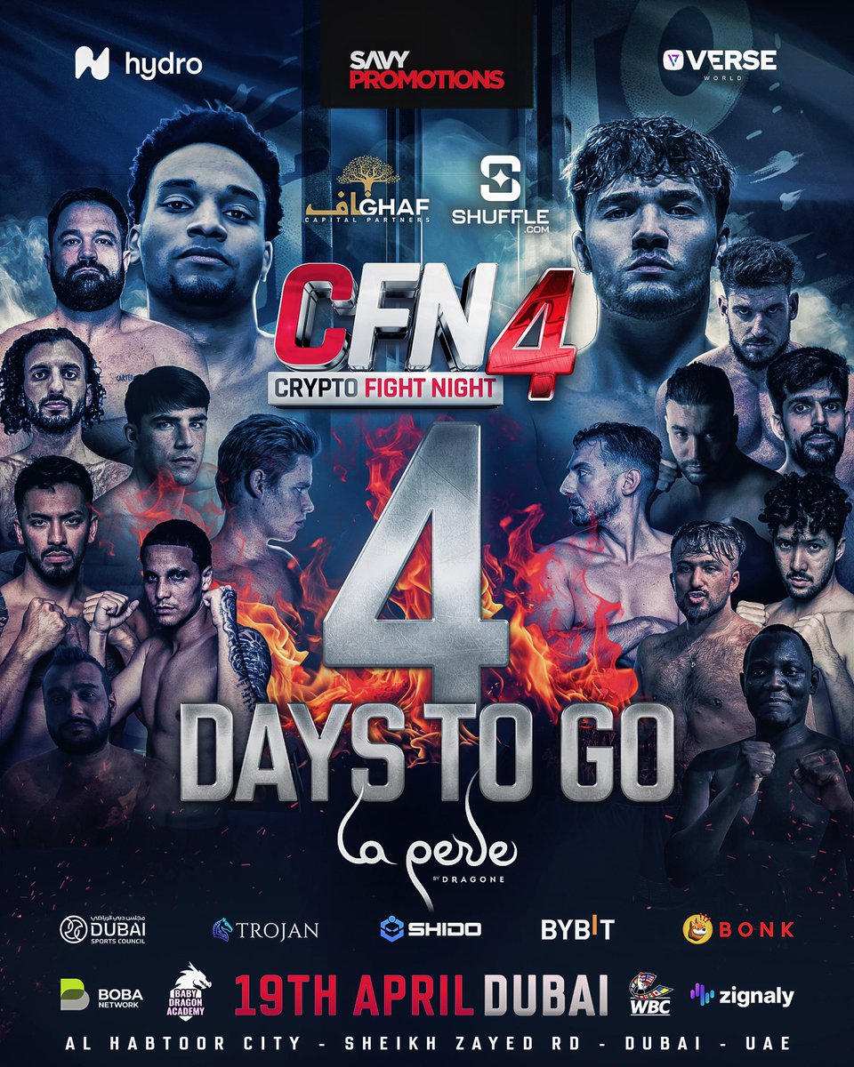 4️⃣ DAYS TO GO! 🔥 In FOUR days time history will be made 👀 * Biggest Event in #CFN history * Highest attendance in La Perle history DON’T MISS IT! 💥 #️⃣ #CFN4 🥊 Ansem vs. Barney 📆 April 19th 📍 @laperledxb 📺 @shufflecom @myco_io @fitetv