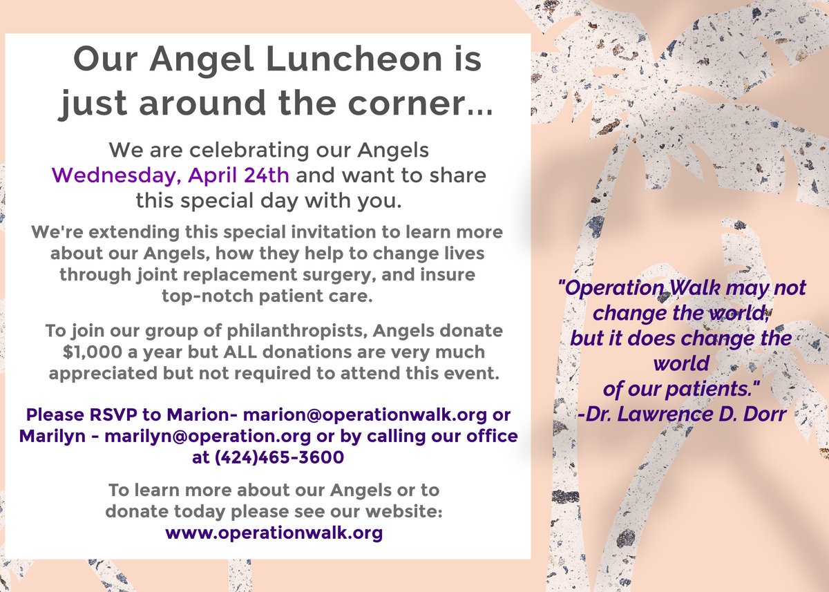 Your #mondayreminder, our Angel Luncheon is right around the corner.

Mark your calendars for the 2024 Angels Luncheon. We'll be gathering on the afternoon of April 24 at Annandale Golf Club in Pasadena, California. 

Check our website for more details:
operationwalk.org/become-an-ange…