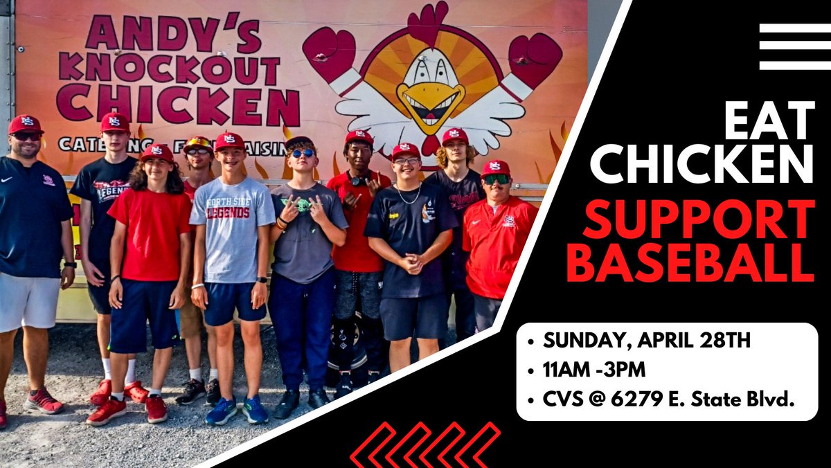 FWNS_baseball's tweet photo. Support the Legends with our Andy's Knockout Chicken fundraiser on SUNDAY, APRIL 28th! We will be at the CVS on E. State Blvd from 11am - 3pm. Come hungry! 🍗⚾ #supportbaseball @NSHSlegends https://t.co/H858IUpgQC