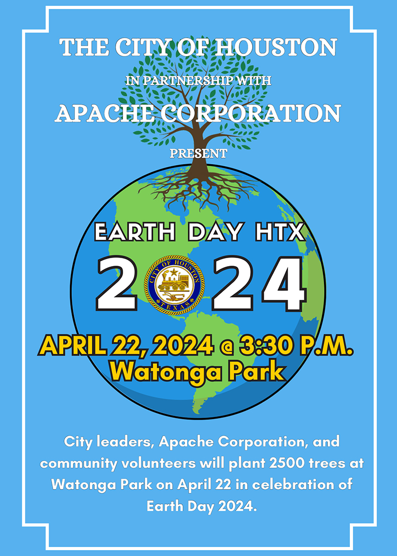 The City of Houston will plant 2,500 trees at Watonga Park on April 22 at 3:30 p.m. Thank you to @APA_Corp for its generous donation to make this event possible. #EarthDayHTX #Apache @HPARD