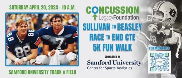 Excited to 📣 announce the Center for Sports Analytics will be sponsoring the...... 🏃‍♀️ 🏃‍♂️ SULLIVAN to BEASLEY Race to End CTE 5K Fun Walk 🏃 🏃‍♀️ Saturday at 9 am at the Samford University track and field complex. All proceeds will go to the Concussion Legacy Foundation.