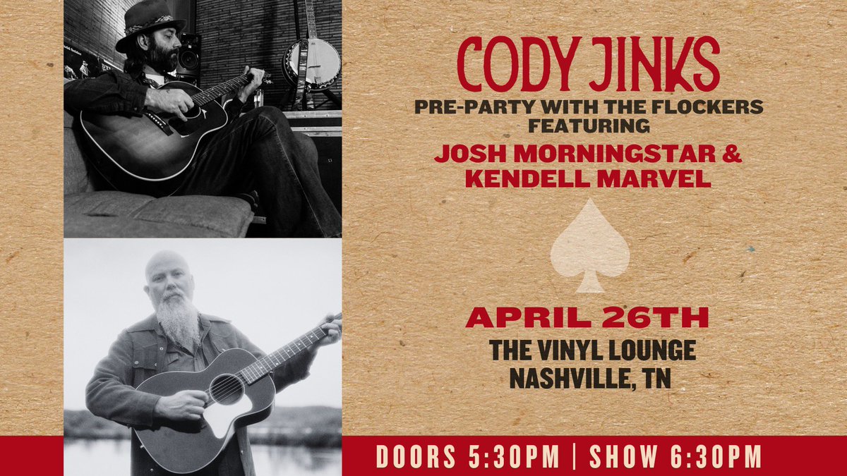 Looking forward to playing @CodyJinksMusic’s Pre-Party in Nashville, TN with @kendellmarvel! We'll be at The Vinyl Lounge on April 26th. Doors at 5:30pm, show starts at 6:30pm. Hope to see you all there! 🎫: tixr.com/e/101846 or JoshMorningstarMusic.com