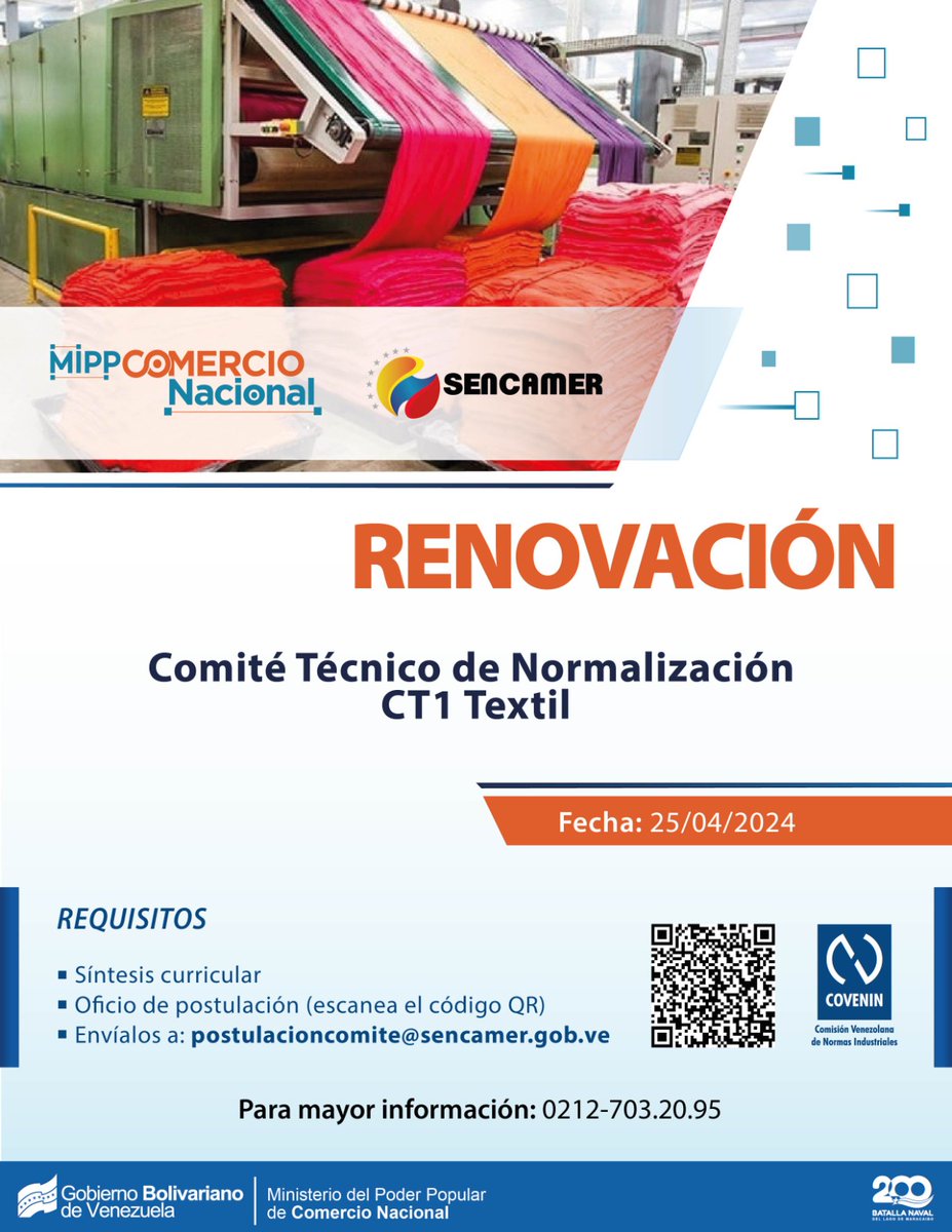 🔴Renovación del Comité Técnico de #Normalización CT1 Textil.

Puedes participar hasta el #25abr ⬇️⬇️⬇️

#EnVenezuelaSomosCalidad