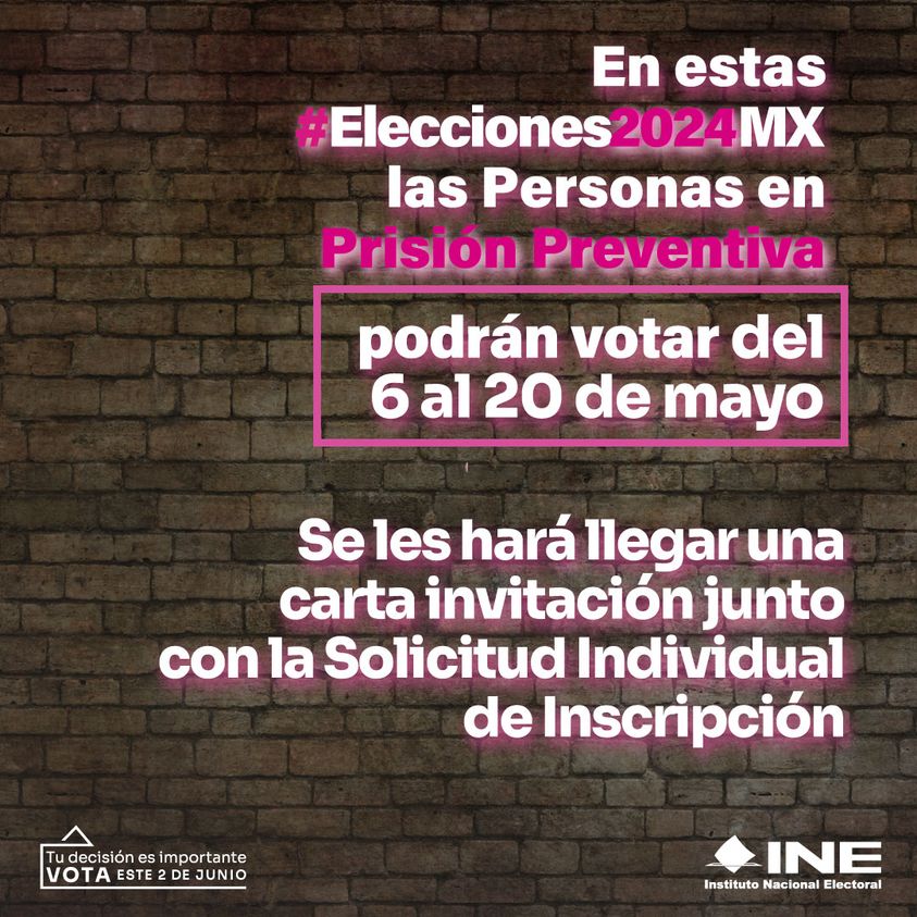 Las personas en #PrisiónPreventiva también podrán ejercer su derecho al voto en estas #Elecciones2024MX 🗳️️

Consulta más información en: ine.mx