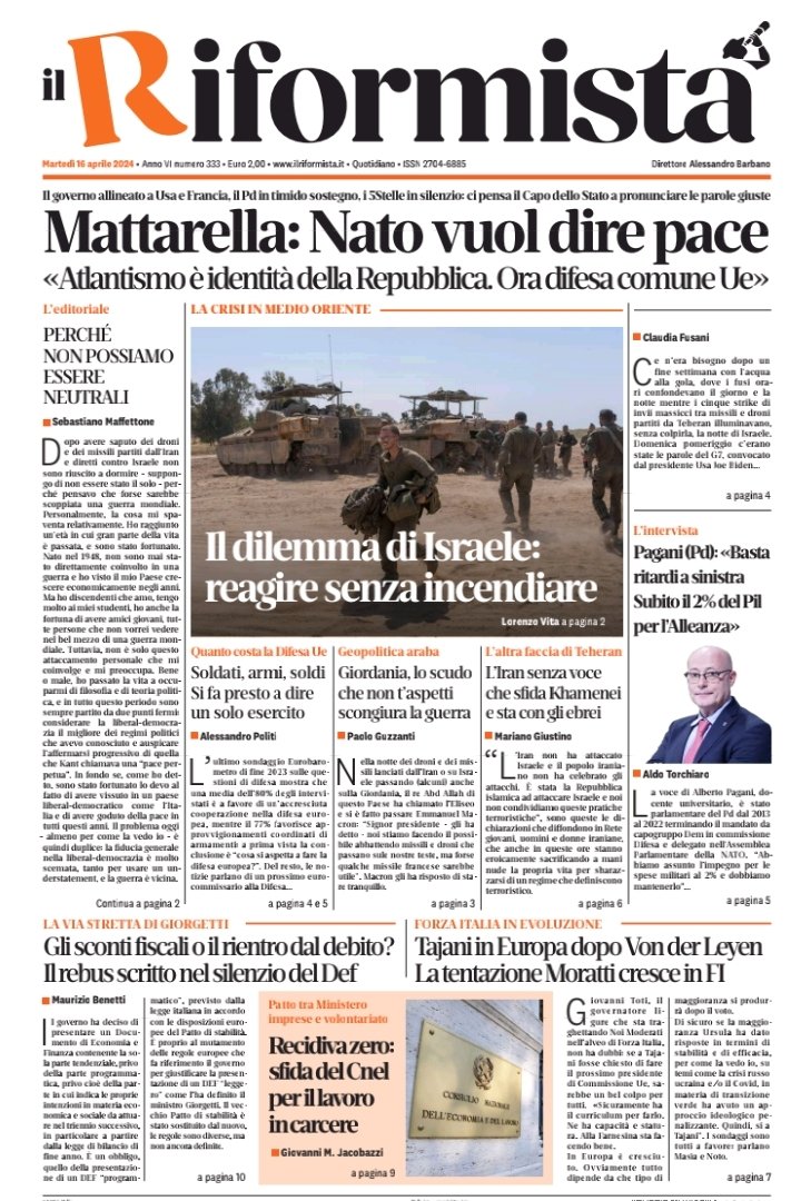 LA PRIMA PAGINA DI MARTEDÌ 16 APRILE 2024