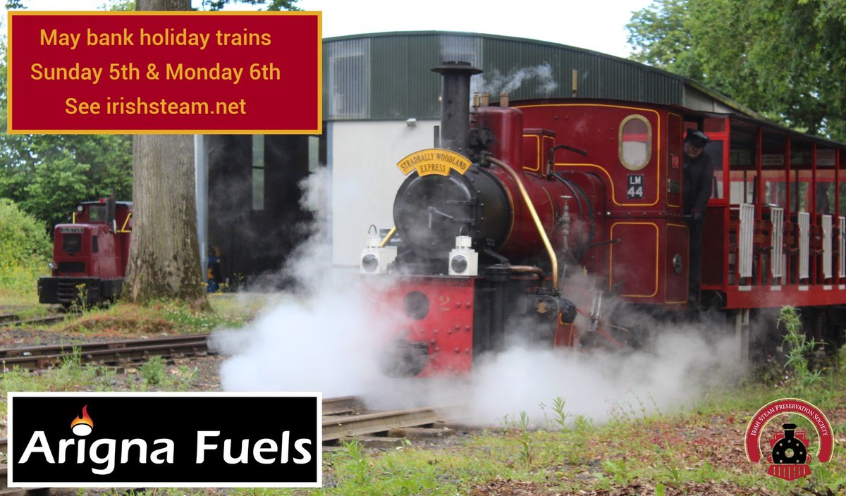 MAY BANK HOLIDAY TRAINS Sun 5th/Mon 6th 🚂 A perfect #familydayout with a difference, powered by @ArignaFuels 🔥 Open 11am-4pm both days with tickets valid all day for unlimited journeys. Prices start at just €4 for kids, €8 for adults and €20 for a family of four 🎟 (1/2)