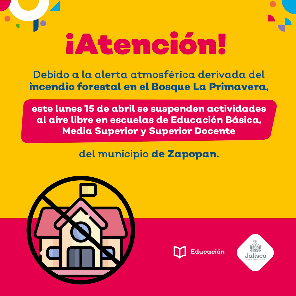 Aviso: Atendiendo la recomendación de la <a href="/SecEducacionJal/">Secretaría de Educación Jalisco</a> , hemos suspendido las actividades al aire libre programadas para el día de hoy. Se estarán realizando dentro de los salones de clases.