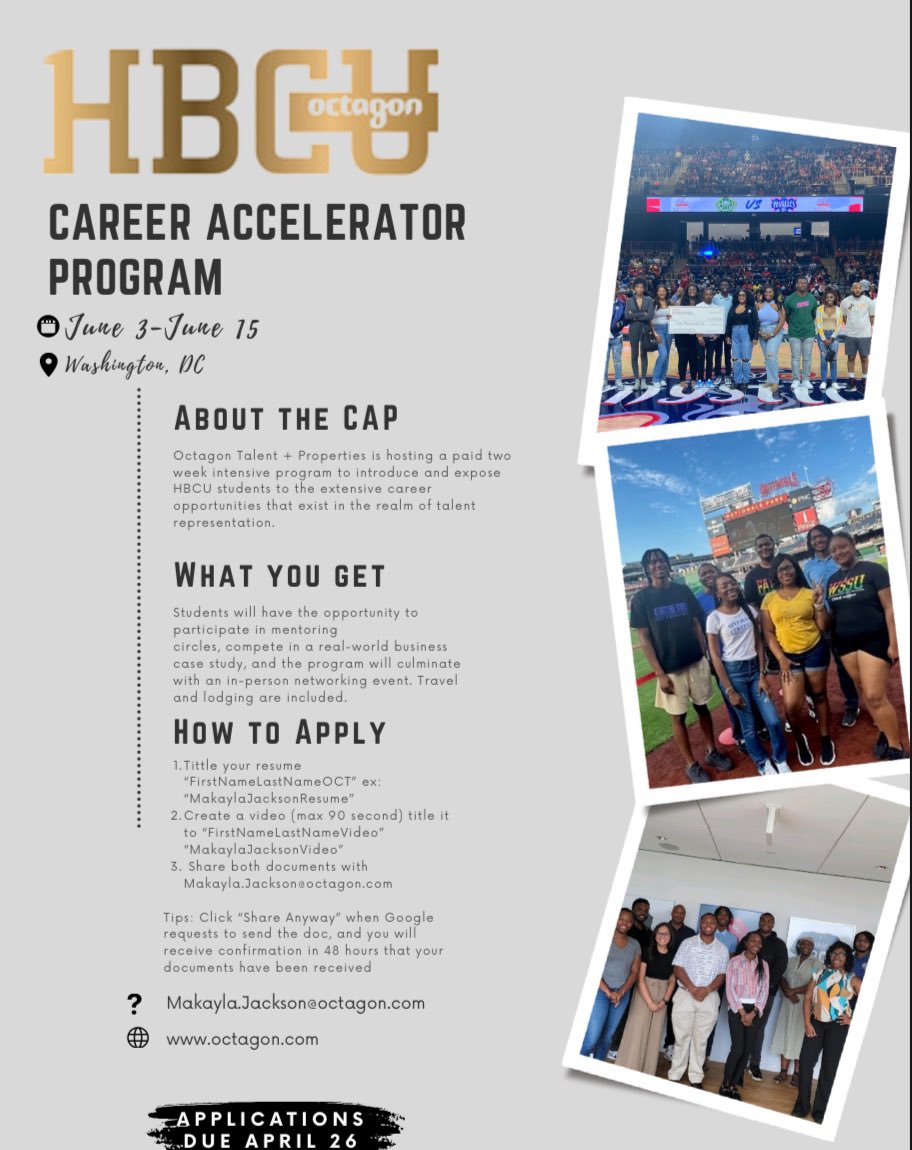 🌟 HBCU students, get ready to fast-track your career! Apply now for @Octagon's Career Accelerator Program. Engage in mentoring, tackle a business case study, and cap it off with an exclusive networking event in DC, with travel and lodging on us! Apply by April 26th.