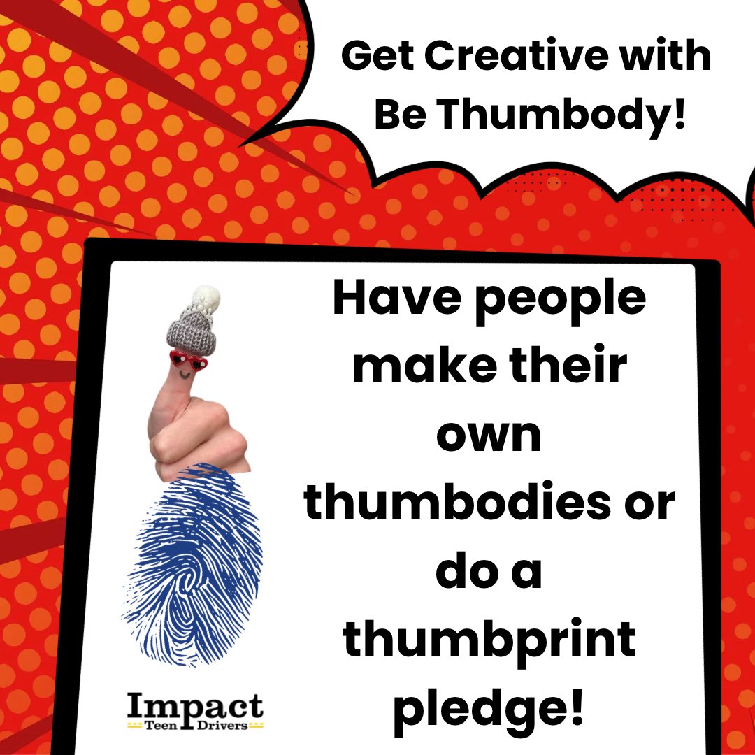 We are halfway through National #DistractedDrivingAwarenessMonth! Two ideas on how to get creative with #BeThumbody

👍 Have people make their own thumbodies with markers and craft supplies 
👍 Do a thumbprint pledge driving using our printable pledge

#NDDAM