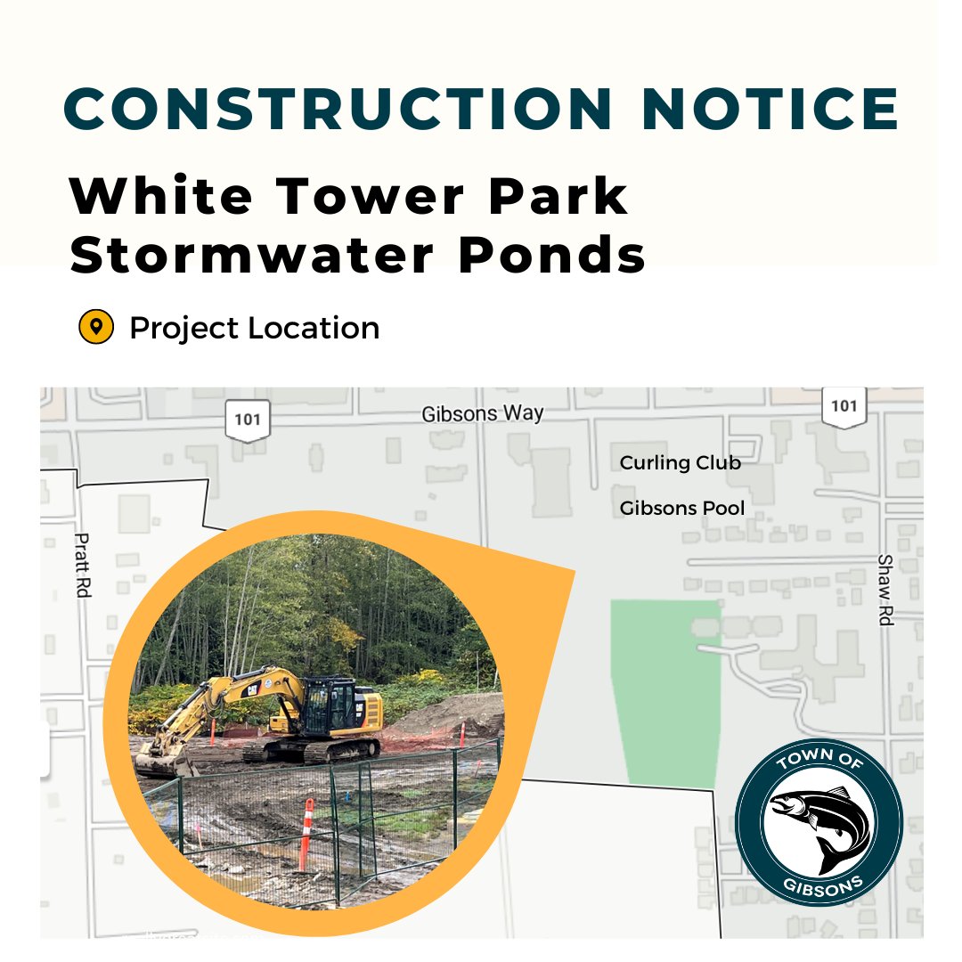 Work will resume on the stormwater ponds at White Tower Park (behind the Gibsons Swimming Pool) on Monday, April 15, and will continue for one month.

These ponds help to collect and slowly drain rainwater runoff from developed areas to prevent flooding.

 gibsons.ca/whitetowerpark