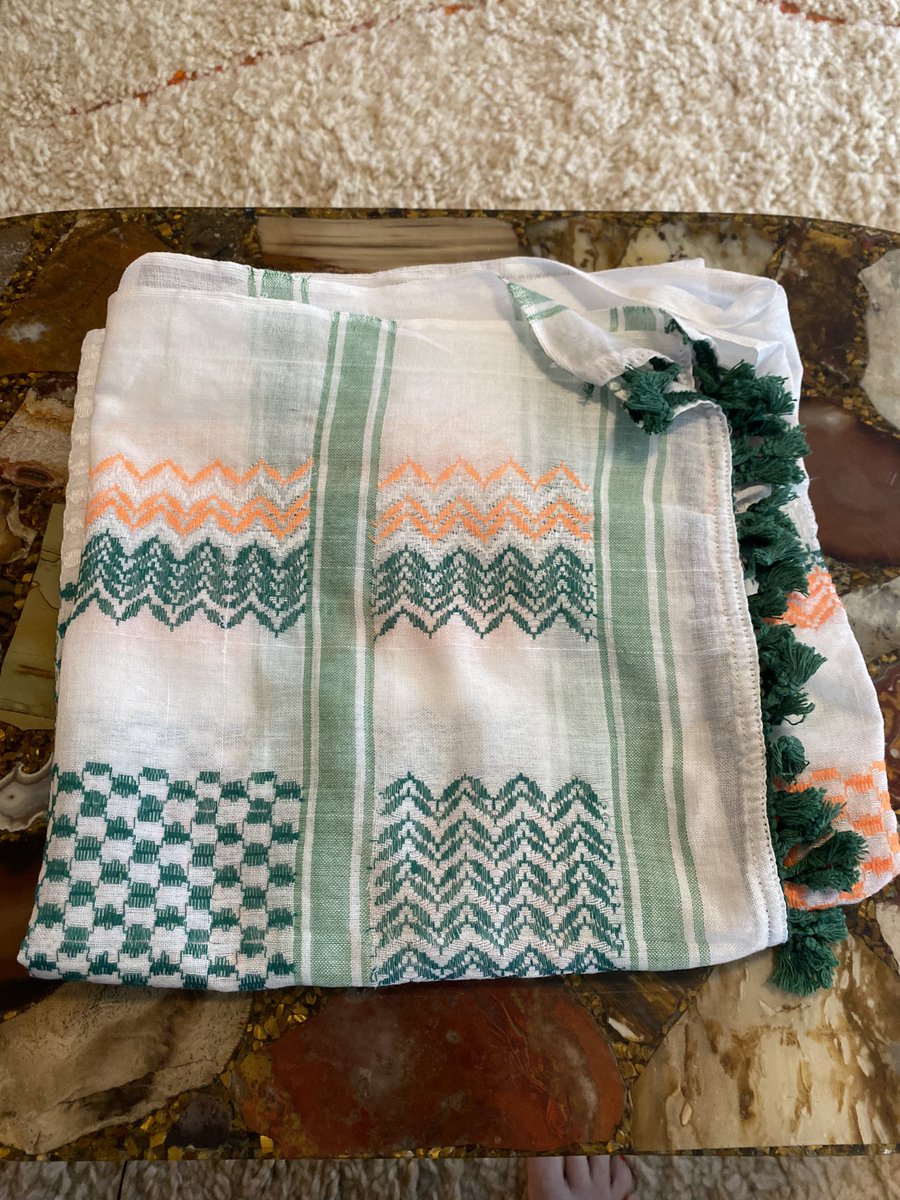 About 6 months ago I put in an order with Hirbawi (the last kufiya factory in Palestine) for a kufiya designed to recognize Palestinian/Irish solidarity. I was totally ok w/the idea that it might never get here, but it arrived today &amp; I’m so grateful. I’ll wear it with pride 🕊️