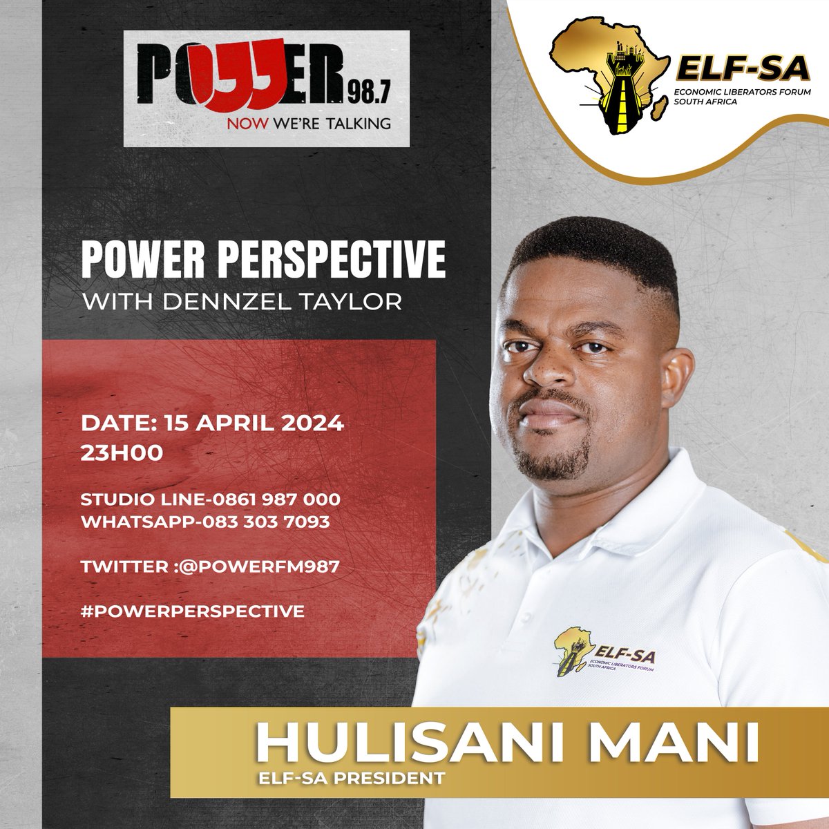 Tune into Power FM interview with President Hulisani Mani tonight at 23h00
#ELF #ELF_SA #ELFSouthAfrica #TheNextStepIsChange
#OwnYourEconomy #BeTheChange