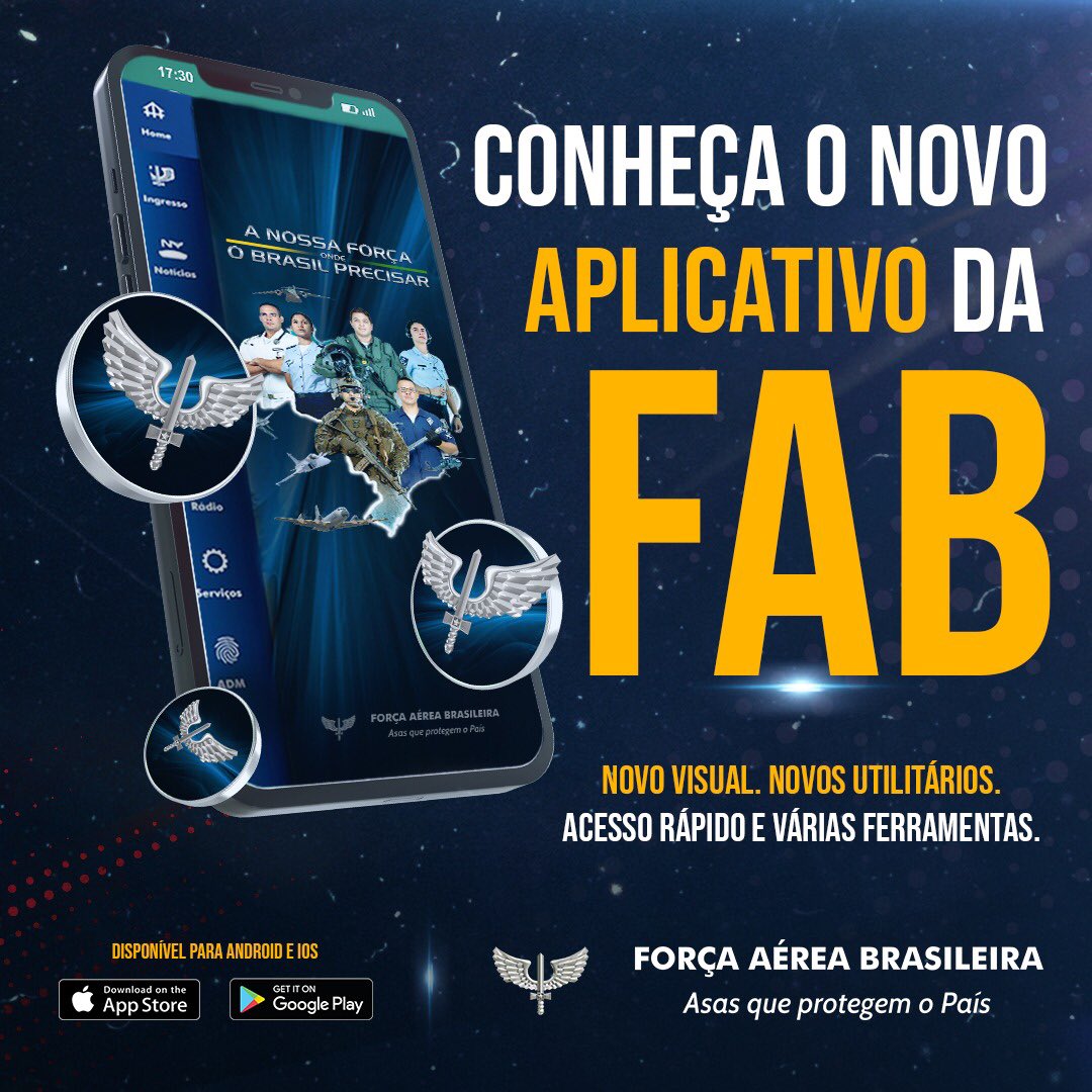 Aplicativo da FAB está de volta! 📱✈️🇧🇷 Nova plataforma reúne notícias, redes sociais, menus interativos e publicações da Força Aérea Brasileira (FAB). Saiba mais em fab.mil.br/noticias/mostr… #FAB #AsasQueProtegemOPaís #ANossaForçaOndeOBrasilPrecisar #tecnologia