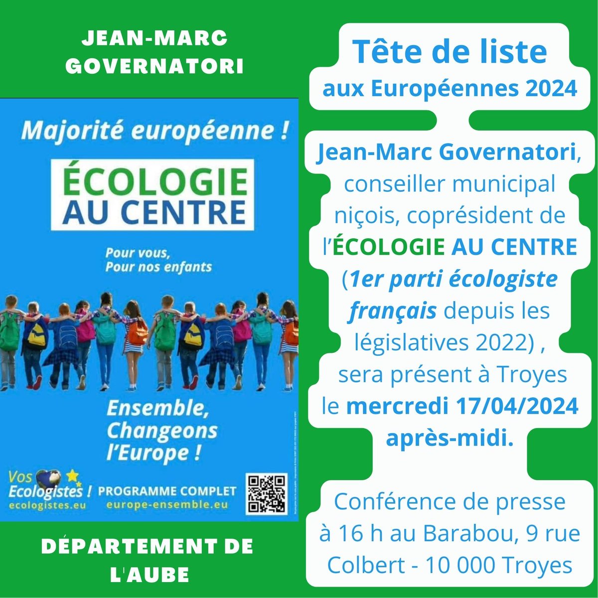 Notez la date du mercredi 17 avril 2024 pour cette belle rencontre prévue à Troyes avec Jean-Marc Governatori.
#européennes2024 #aube
#SainteSavine #ecologieaucentre 
#ensemblechangeonsleurope
#governatori #nellycollottouze