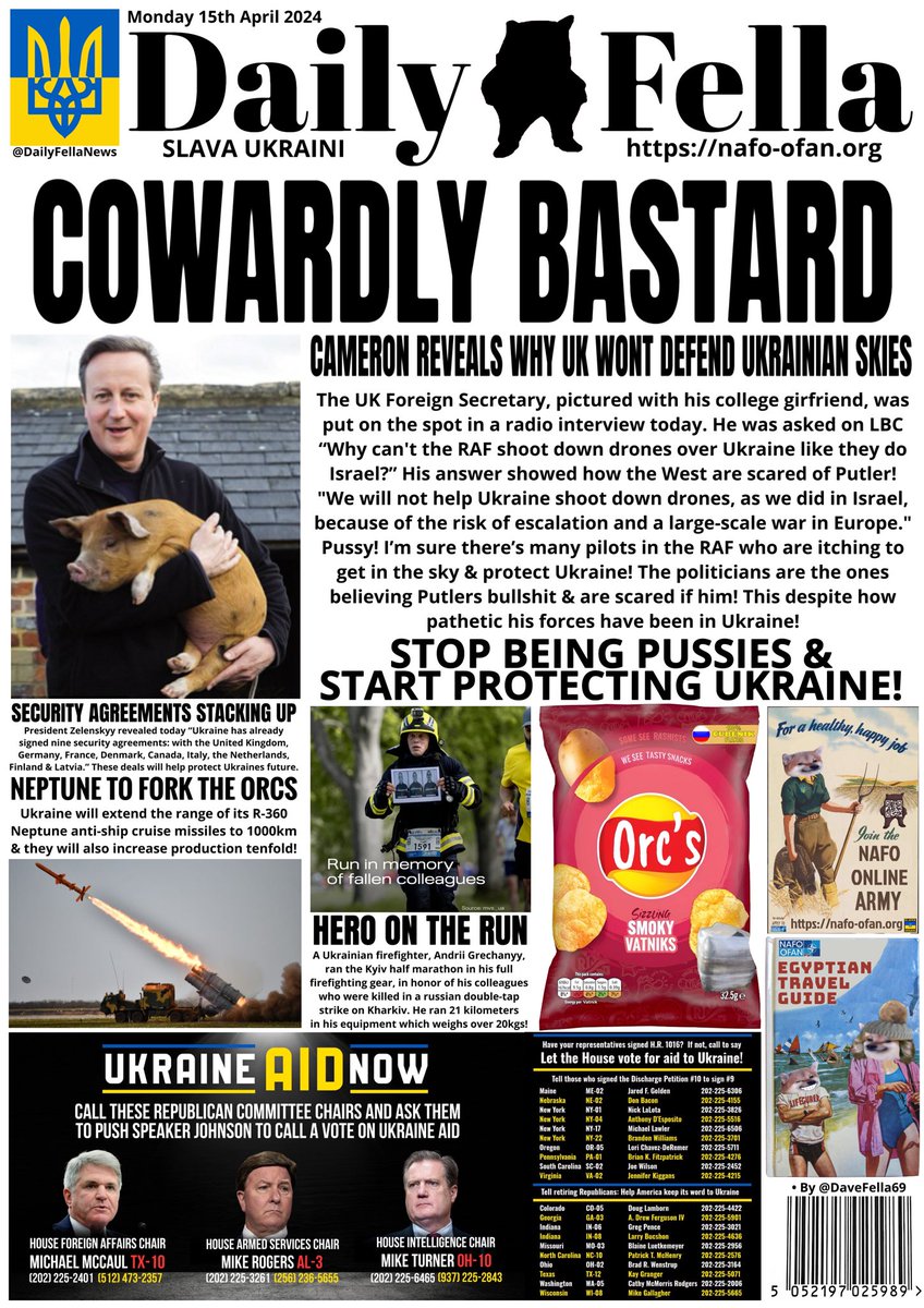 It’s Daily Fella time. Read about the pig shagger David Cameron being put on the spot. Also Ukraine improve Neptune to combat what’s left of the russian Black Sea fleet. 

#MakeTheCall

#DailyFella #DailyFellaNews #SlavaUkraini #NAFO
