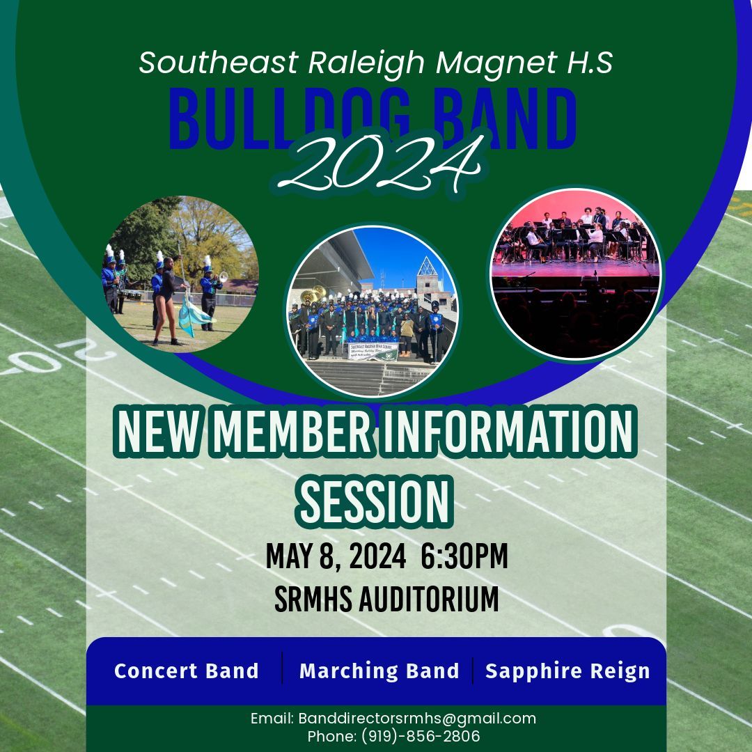 SRMHS is hosting an orientation session for new members joining the Concert Band, Marching Band, and Sapphire Reign. The session is scheduled for May 8th at 6:30 PM in the SRMHS Auditorium.