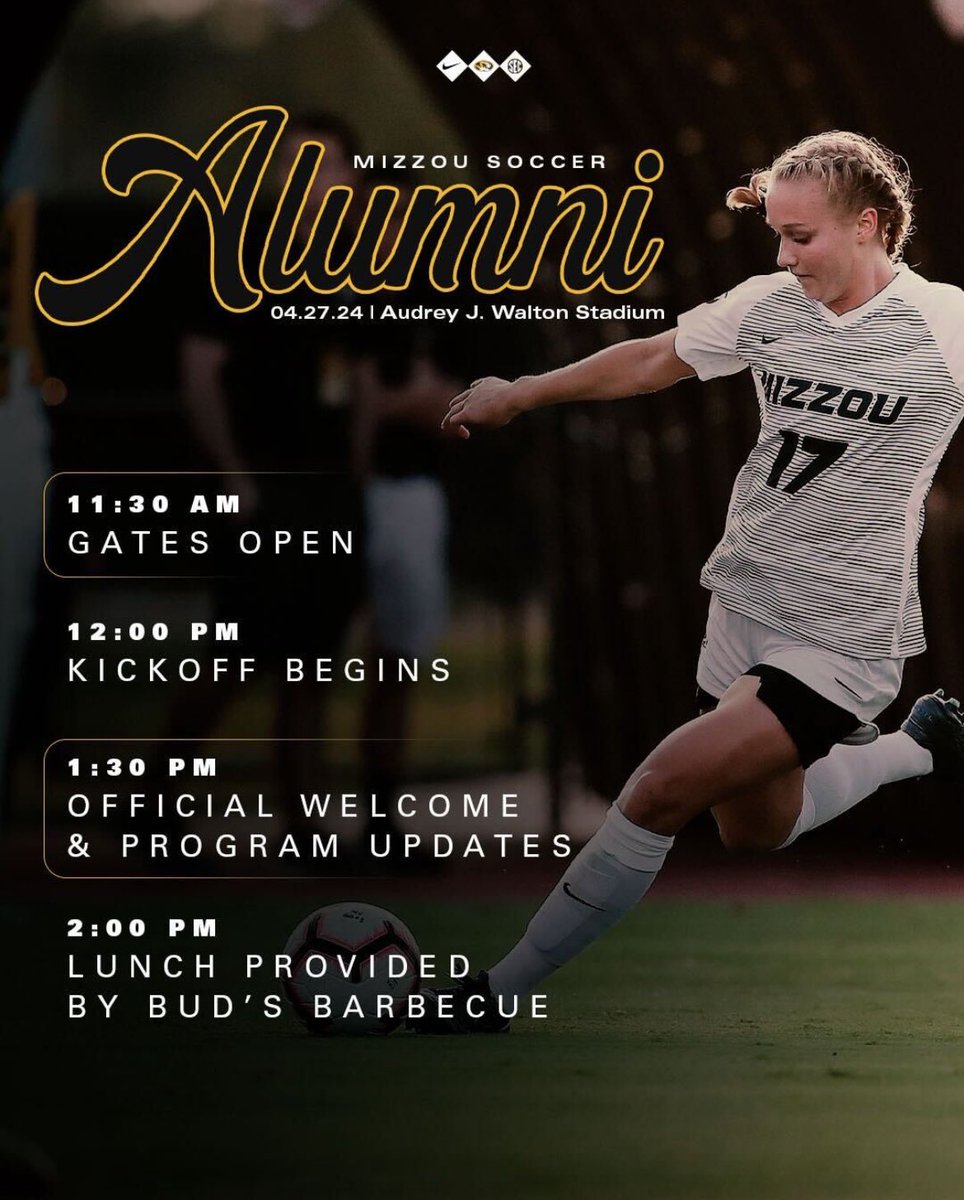 📣 Calling all @MizzouSoccer alumni! Join us on April 27 for a day full of reliving the good old days! Email mkuhbacher@missouri.edu to RSVP. #MIZ🐯⚽️