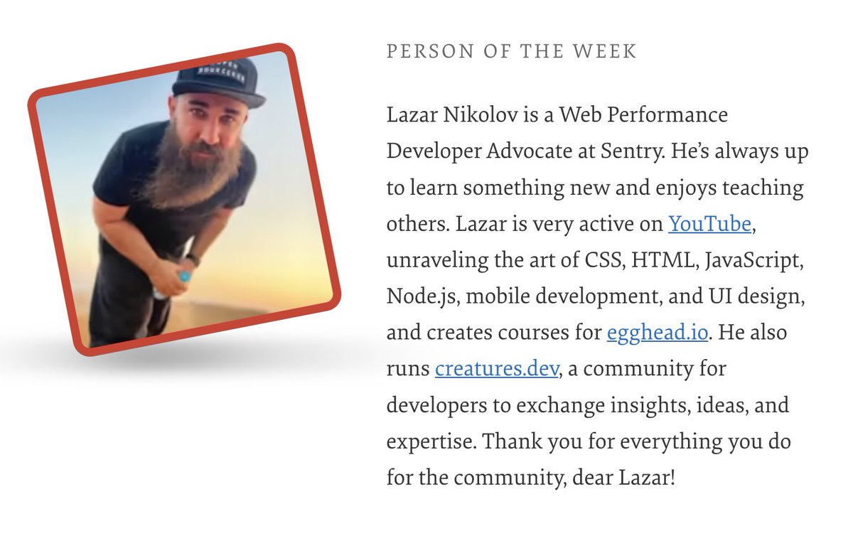 Our Person of the Week is a Web Performance Developer Advocate, always eager to learn something new and to teach others. Drumrolls, please, for... Lazar Nikolov! Thank you for everything you do for the community, dear @nikolovlazar! 💖 #smashingcommunity