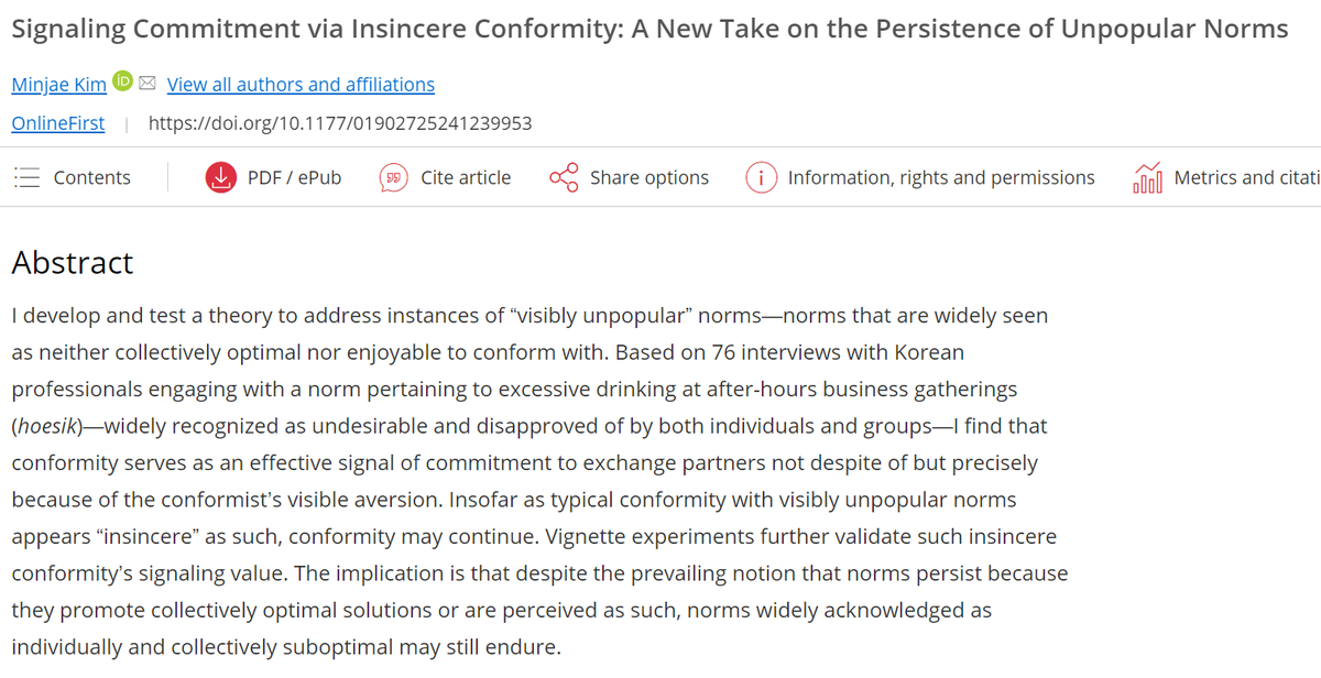 Super excited to have my paper, 'Signaling Commitment via Insincere Conformity,' out @SPQuarterly onlinefirst! The paper identifies why norms that are 'visibly unpopular' -- widely known to be unpopular -- may persist.