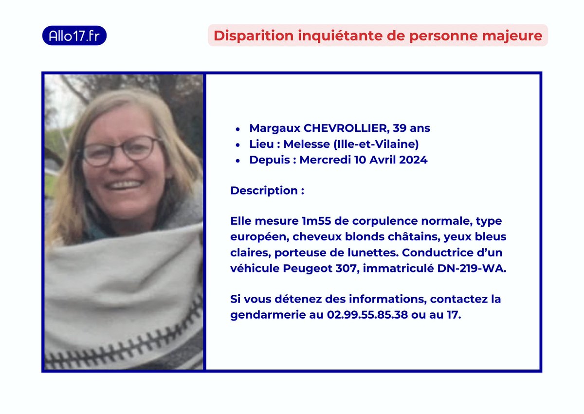 🔴 #APPELÀTÉMOINS - Un appel à témoins a été lancé par les #gendarmes de la brigade de #Betton (#IlleetVilaine) à la suite de la #disparition inquiétante de Margaux.

⚠️ Elle est susceptible s’être rendue dans le département du #Morbihan.

📞 02.99.55.85.38 ☎️ 17