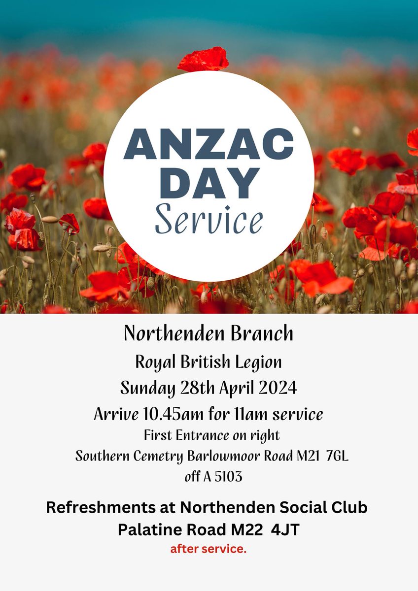 Anzac Service 28th April, 11am at Southern Cemetery, then refreshments at Northenden Social Club afterwards. All welcome. #britishlegion #anzacday @6decadesandmore @NorthendenClub