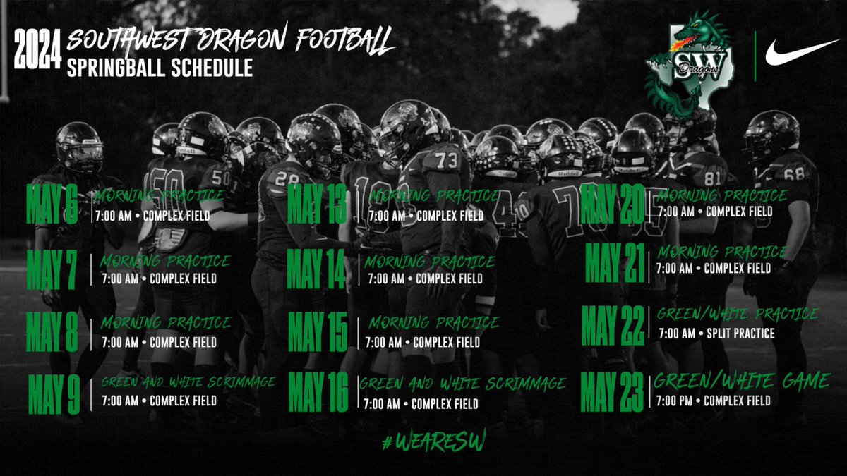 Almost that time of year! Southwest Dragons 2024 Springball Calendar. Green and White game on May 24th! #WeareSW #AAAO