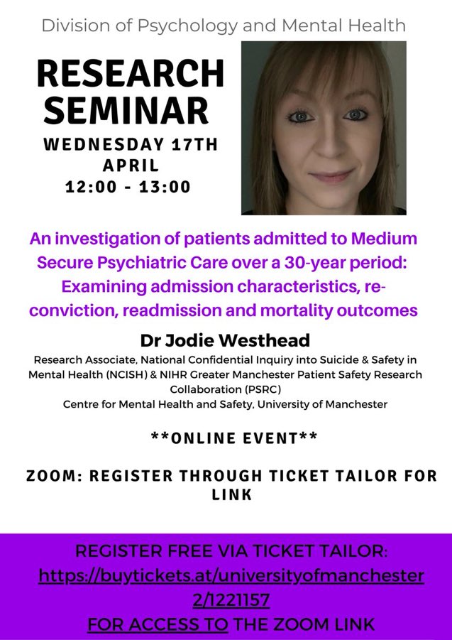 This week Dr Jodie Westhead will be presenting at our @UoM_DPMHS research seminar. The event is free to attend and is virtual. For details and registration see: tickettailor.com/events/univers… @GM_PSRC @NCISH_UK