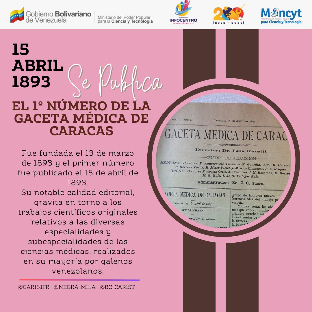 #15Abr 
#Efemerides 
Se publica el 1er número de la Gaceta Médica de Caracas. 🩺⚕️
#VamosPaLanteMaduro 
#CienciaParaLaVida #Infocentro   

@InfocentroOce @luisinfoVen @BrigadasCHCH
@enunclicvlc @icarabobo2021 @Car57BC