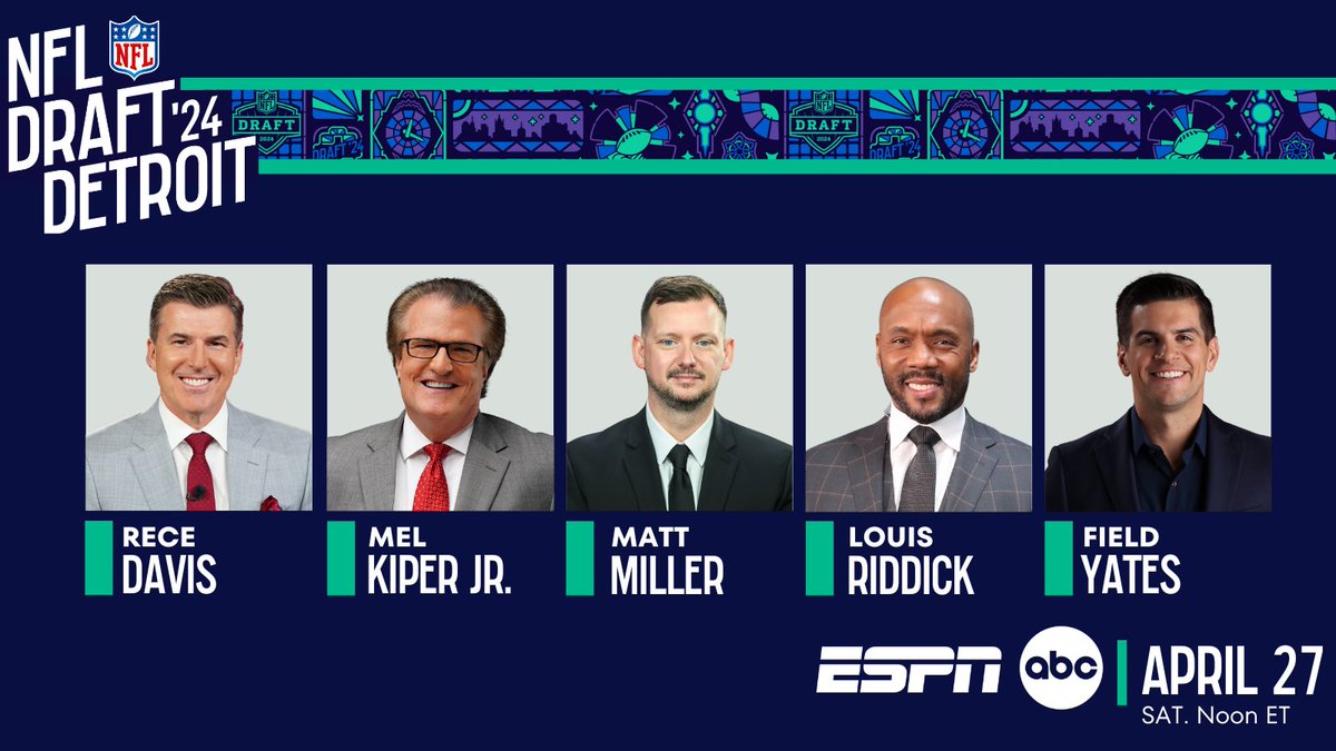 Meet the commentator team for ESPN's presentation of the 2024 #NFLDraft on April 27 🎙 @ReceDavis 🎙 @MelKiperESPN 🎙 @nfldraftscout 🎙 @LRiddickESPN 🎙 @FieldYates Simulcast on @ABCNetwork More: bit.ly/43ZmHde