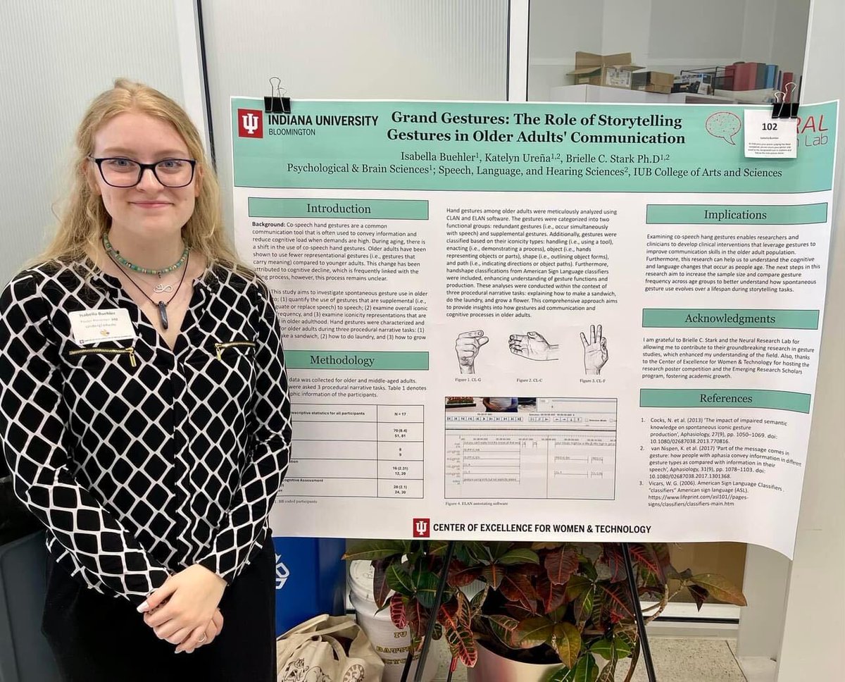 Congrats to undergrad Bella, who is interning with my lab through the IU Center for Women & Tech REU for Women in STEM, for presenting her poster at their intern summit this past week! #gesture #olderadults #communication