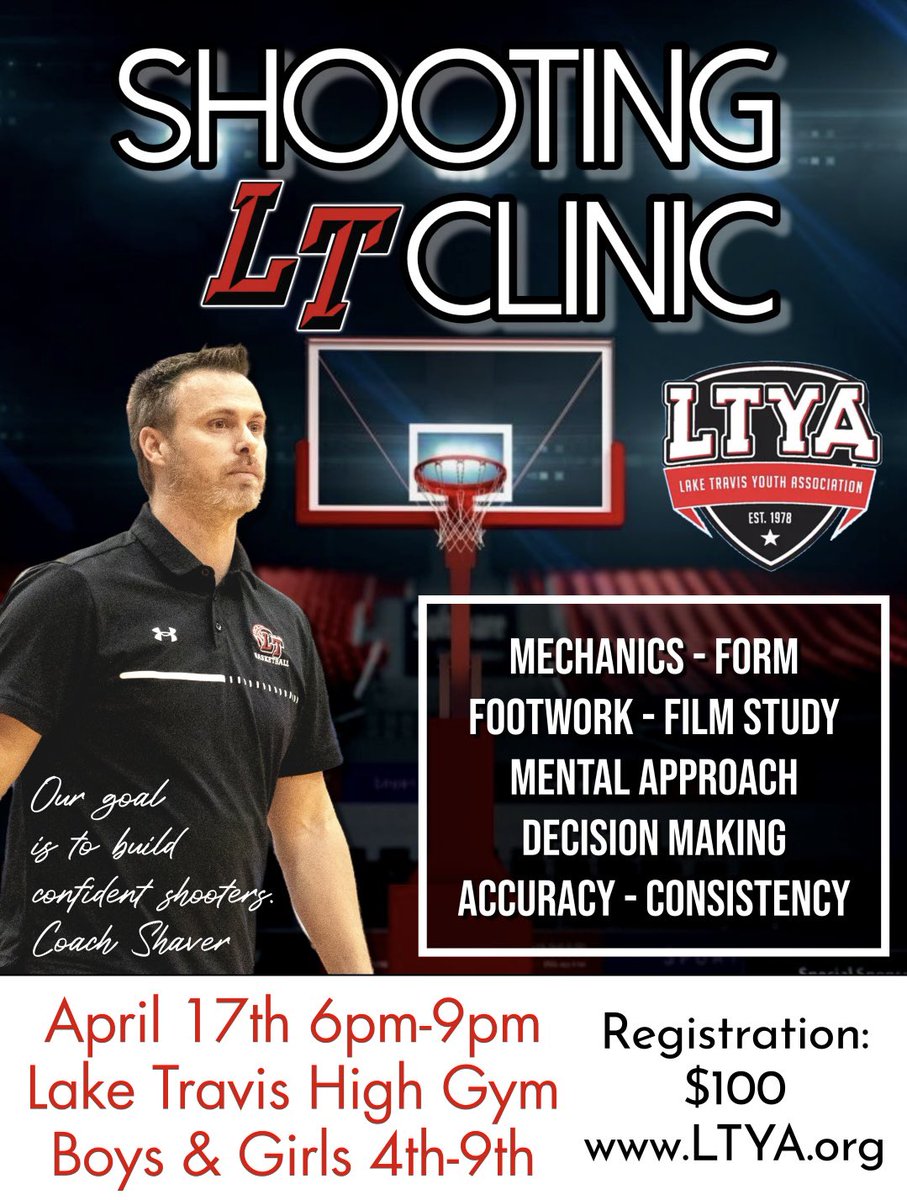 You do not want to miss this opportunity! Not only will we have all of our LT basketball coaching staff, but also a former NCAA shooting record holder and multiple former professional basketball players working with your kids to profect their shot.