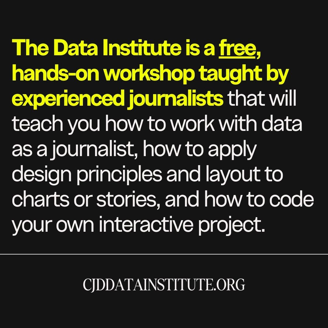 The Data Institute is back for 2024! Two weeks of FREE data journalism training for working journalists at Howard University in DC from July 8-19, co-sponsored by @IdaBWellsSociety & the Center for Journalism & Democracy. Applications are due April 25, cjddatainstitute.org