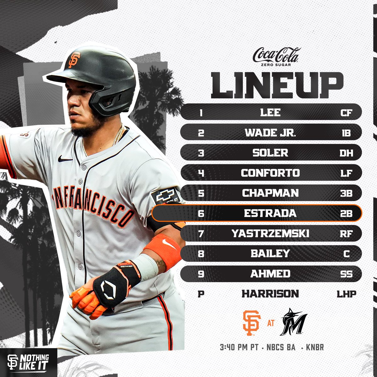 Wearing 4️⃣2️⃣ today 📍: Miami, FL ⏰: 3:40 p.m. PT 📺: @NBCSGiants 📱: atmlb.com/3nLdl3F 📻: @KNBR #SFGiants | @CocaCola