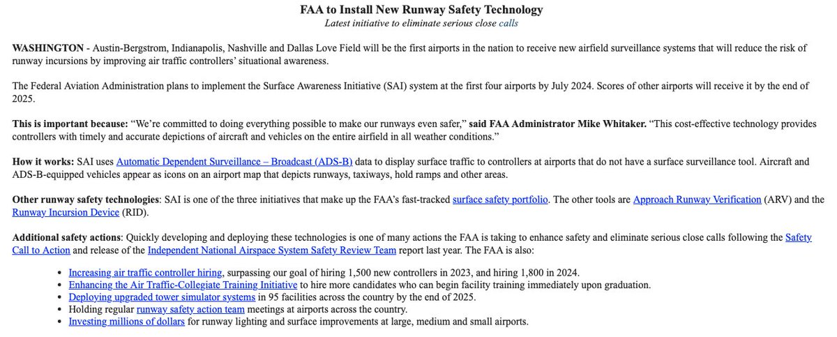 ABIA will be among the first airports in the country to get a new system that helps air traffic controllers monitor where planes are on the ground. The system uses publicly available radio transmissions from planes to show where they are on an airport map. FAA news release: