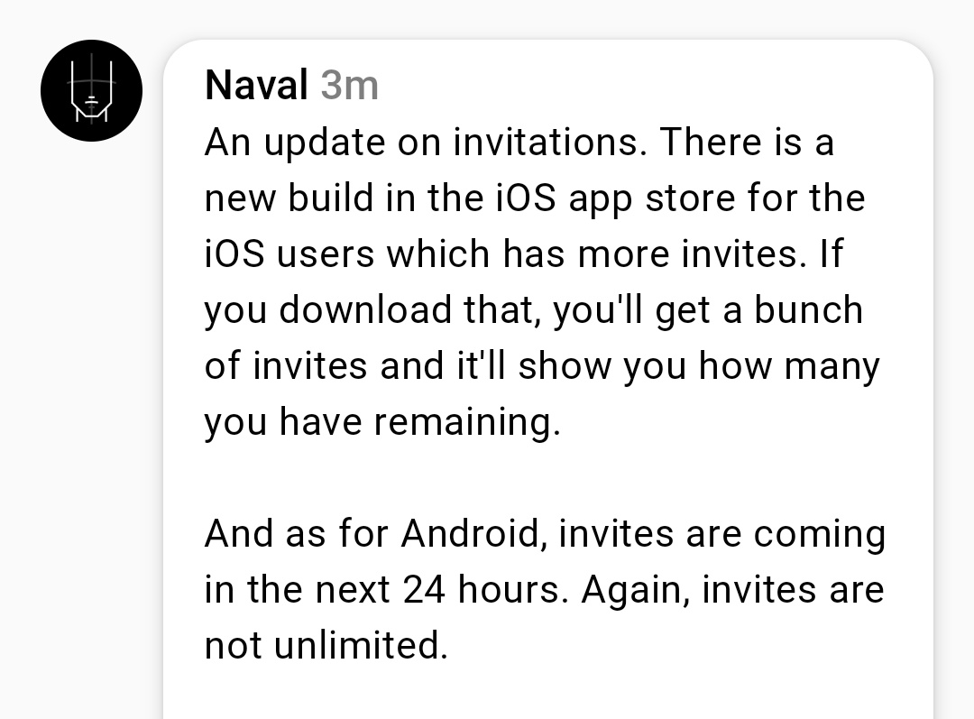 According to @naval, in the next 24 hours, Android users will be able to invite people to @getairchat as well. So, who wants an invite?