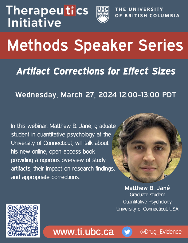 ⏰TODAY (Apr 24 @ noon Pacific)⏰

#ResearchMethods WEBINAR!
How can we correct bias from artifacts such measurement error & selection effects in meta-analysis? 📈

👨🏽‍🦱Speaker: @MatthewBJane
🖱️Registration: tiny.cc/ResearchArtifa…

#MetaAnalysis #ResearchBias
