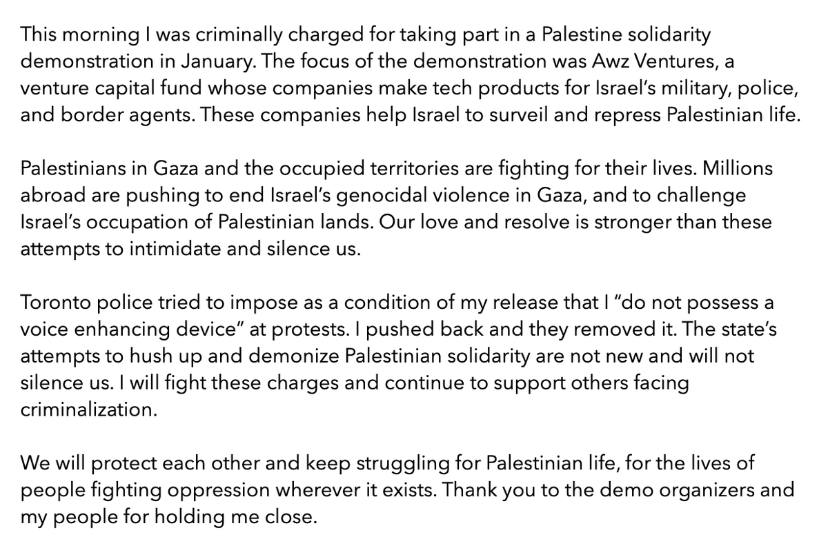 I was arrested and criminally charged this morning for taking part in a pro-Palestine demonstration in January 

The millions struggling in Palestine are not alone, millions more are with them, pushing from abroad in love and solidarity
❤️🖤🤍💚