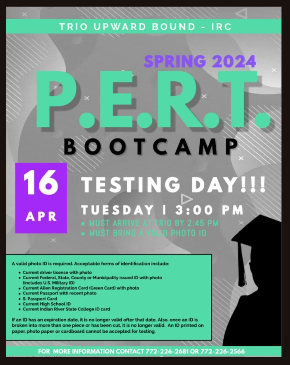 Good luck on the PERT test tomorrow!! Our goal is to have every TRIO UB-IRC student take a minimum of 3 Dual Enrollment courses before they graduate. A couple of reminders for tomorrow... 1. Arrive on time, report to the Mueller no later than 2:45pm 2. Bring a valid Photo ID