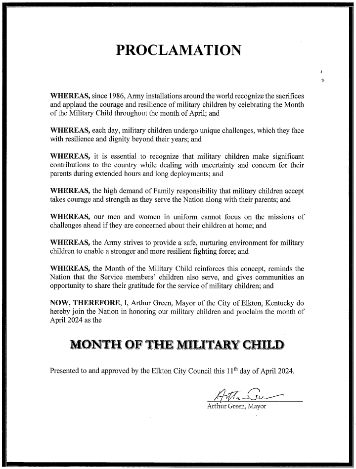 ElktonKy's tweet photo. The city of Elkton joins our Nation in honoring military children and their families!

#PurpleUpDay 
#monthofthemilitarychild https://t.co/o2B51lHz9S