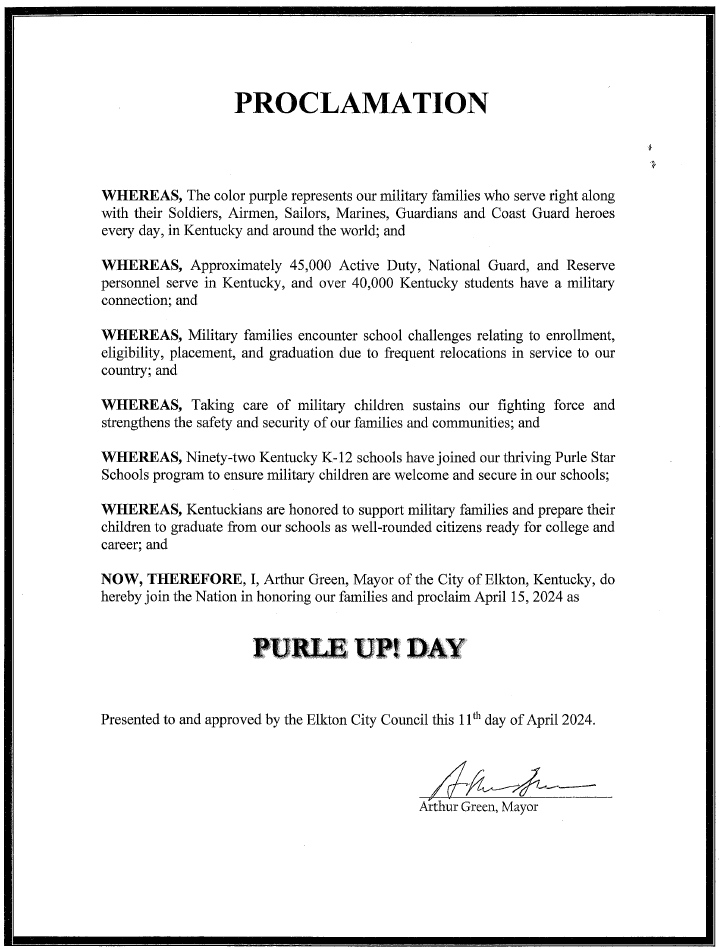 ElktonKy's tweet photo. The city of Elkton joins our Nation in honoring military children and their families!

#PurpleUpDay 
#monthofthemilitarychild https://t.co/o2B51lHz9S